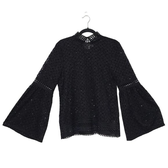 Cable & Gauge Womens Peasant Top Large Open Black Lace Bell Ballooon Boho Mock - Picture 1 of 7